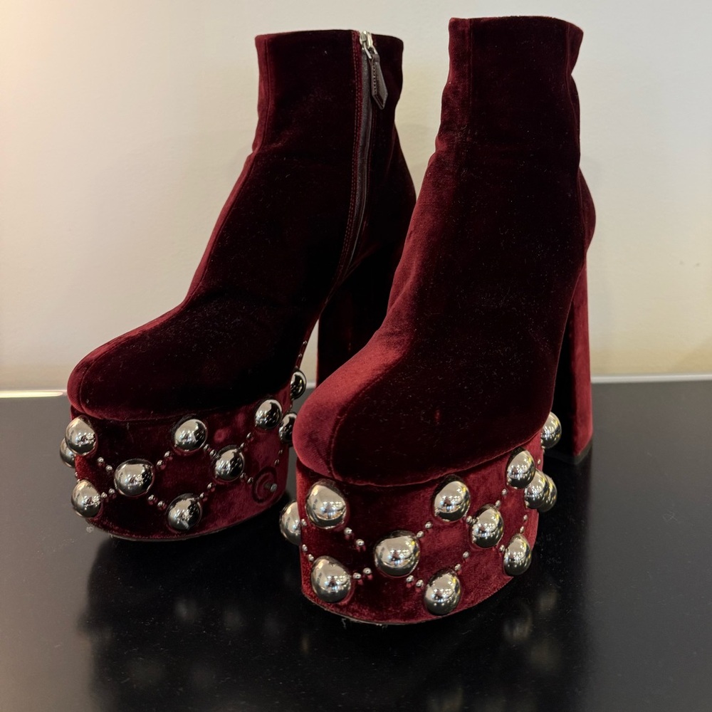 Miu Miu Burgundy Velvet Platform Studded Ankle Boots – Size 39.5 (Made in Italy)